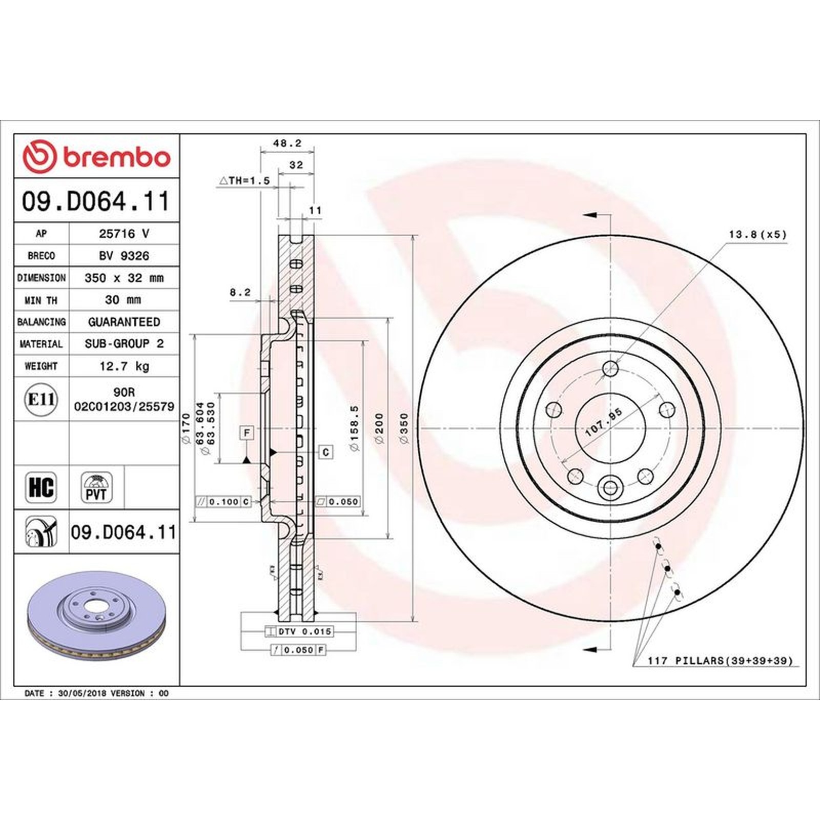 09.D064.11 Brake Disc x2 Front 350mm Fits Jaguar XE XF 2 Sportbrake By Brembo - Image 10