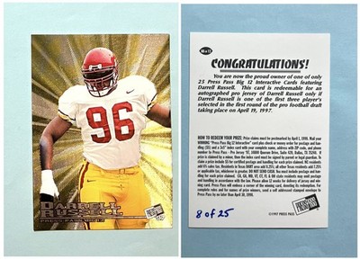 RARE 1997 Press Pass Big 12 Auto Jersey Redemption Darrell Russell Rookie #d /25