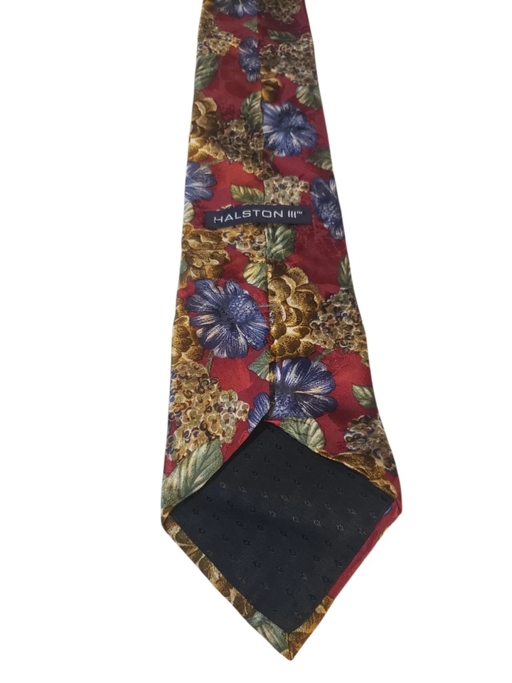 Gravata Halston III masculina designer de luxo vermelha azul bronzeada floral ilha havaiana - Imagem 4 de 4