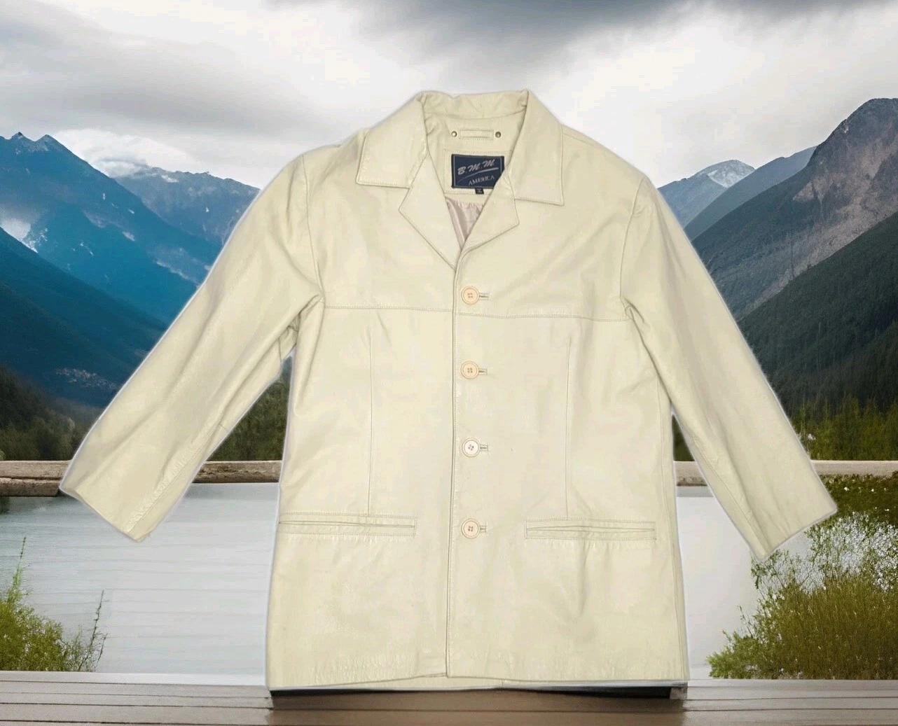 OFF WHITE Giacca cappotto auto sportivo blazer pelle bottoni B.M.M vintage anni 90 bianco sporco piccolo