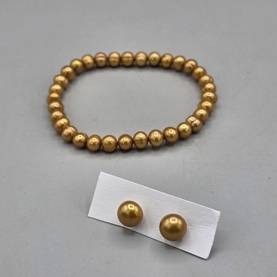Honora Golden Pearl Stretch Bracelet & Stud Earrings Set 925 Sterling Silver