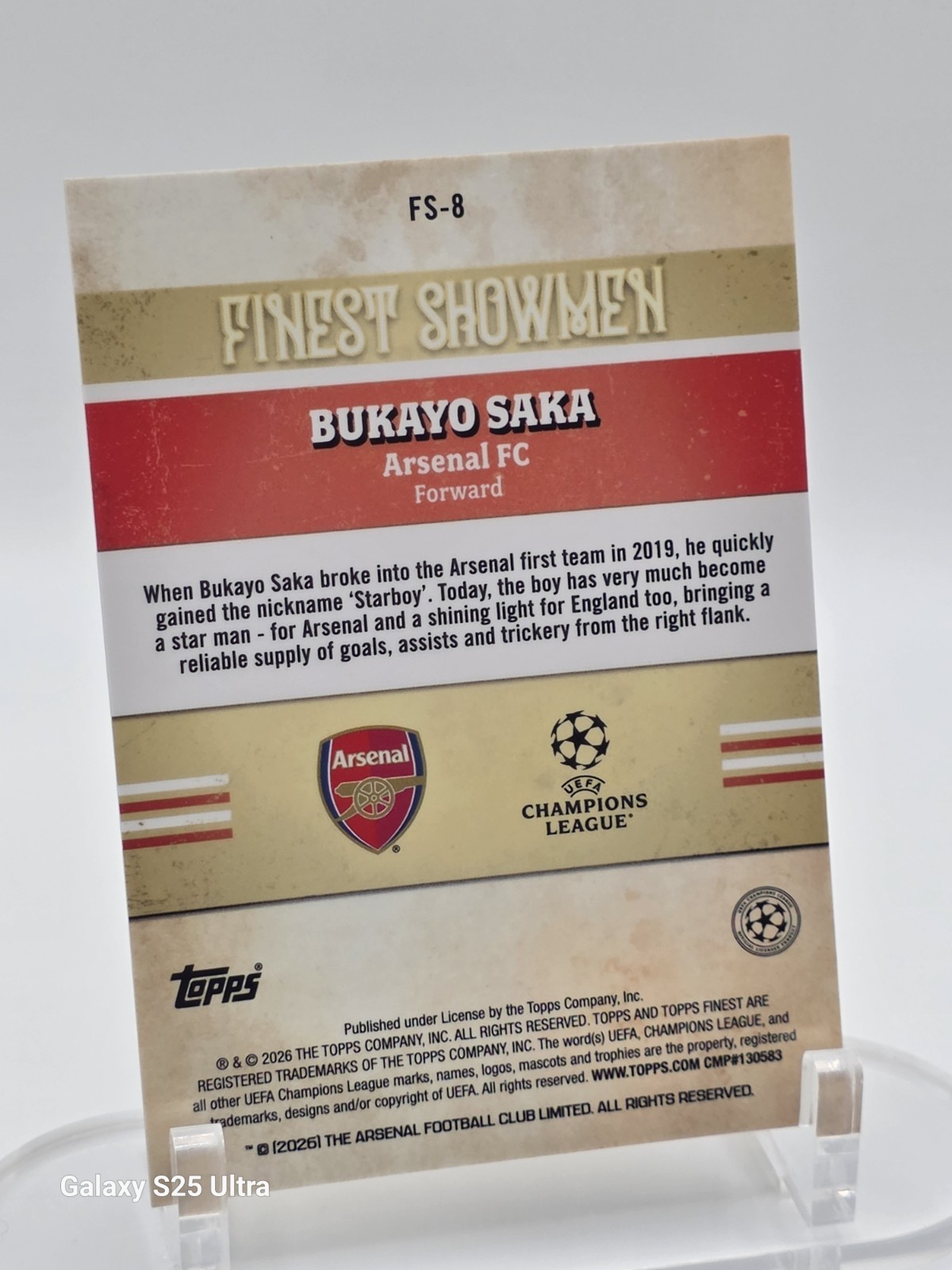 2025-26 Topps Finest UEFA Club Finest Showmen FS-8 Bukayo Saka, Arsenal FC view 2