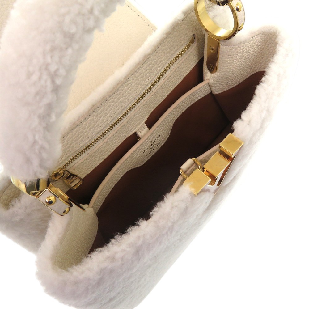 AUTHENTIC LOUIS VUITTON M21089 Capucines BB ShearlingHand Bag White Brown Ramfer image 7