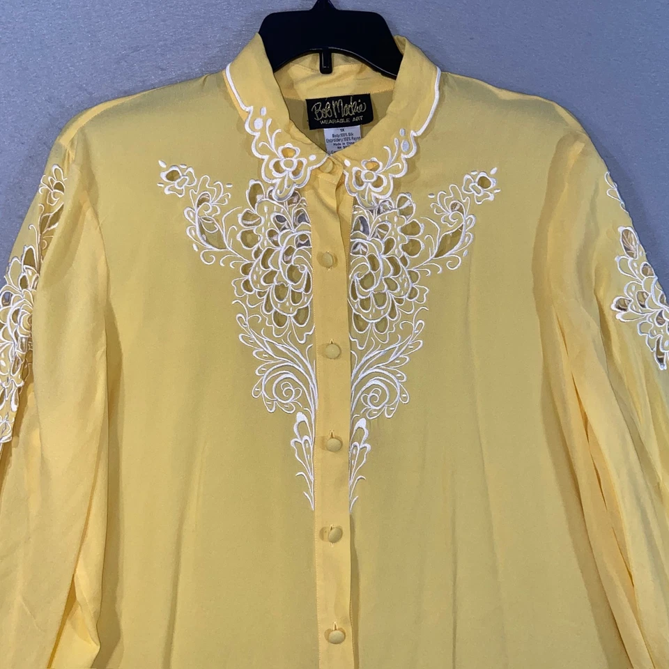 Blusa Feminina Bob Mackie 1X Seda Amarela Bordada Botão Frontal Manga Longa Top - Imagem 2 de 4
