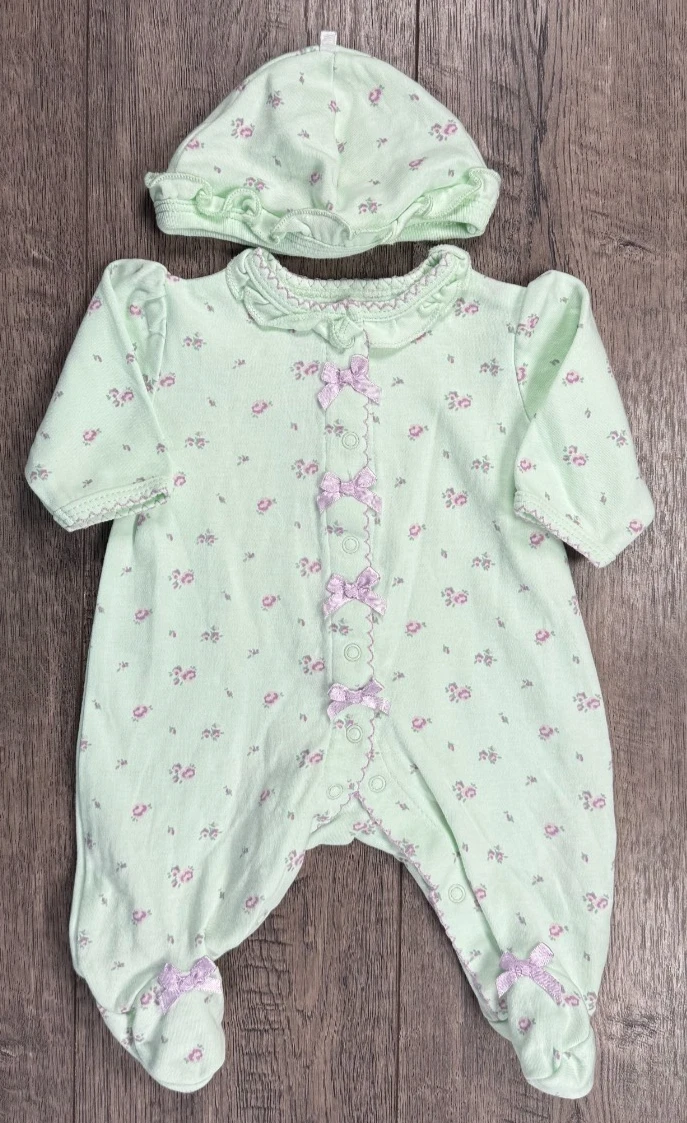 Baby Girl Clothes Little Me Preemie 2pc Green & Purple Flower Footed Outfit &Hat
Opens in a new wind