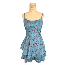 NWT Micas Blue Red Floral Tiered Mini Dress Romper Ruched Strappy Summer Size S