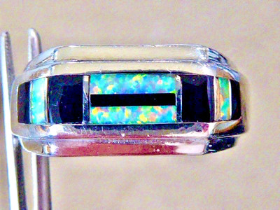 VINTAGE STERLING SILBER ONYX OPAL BAND RING SIZE 8.5 MAN MADE OPAL RING