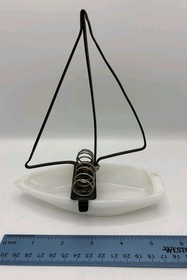 Vintage Milk Glass Sailboat Ashtray Metal Mast Made in U.S.A. Rare Unique