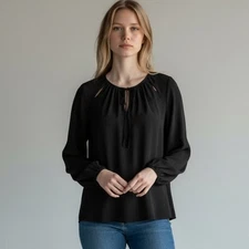 Jay Godfrey Silk Blouse 6 Keyhole Cutout Long Sleeve Loose Fit Tie Neck