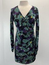 Tory Burch 100% Silk Faux Wrap Dress L Floral Watercolor Ruched Sleeves Stretch