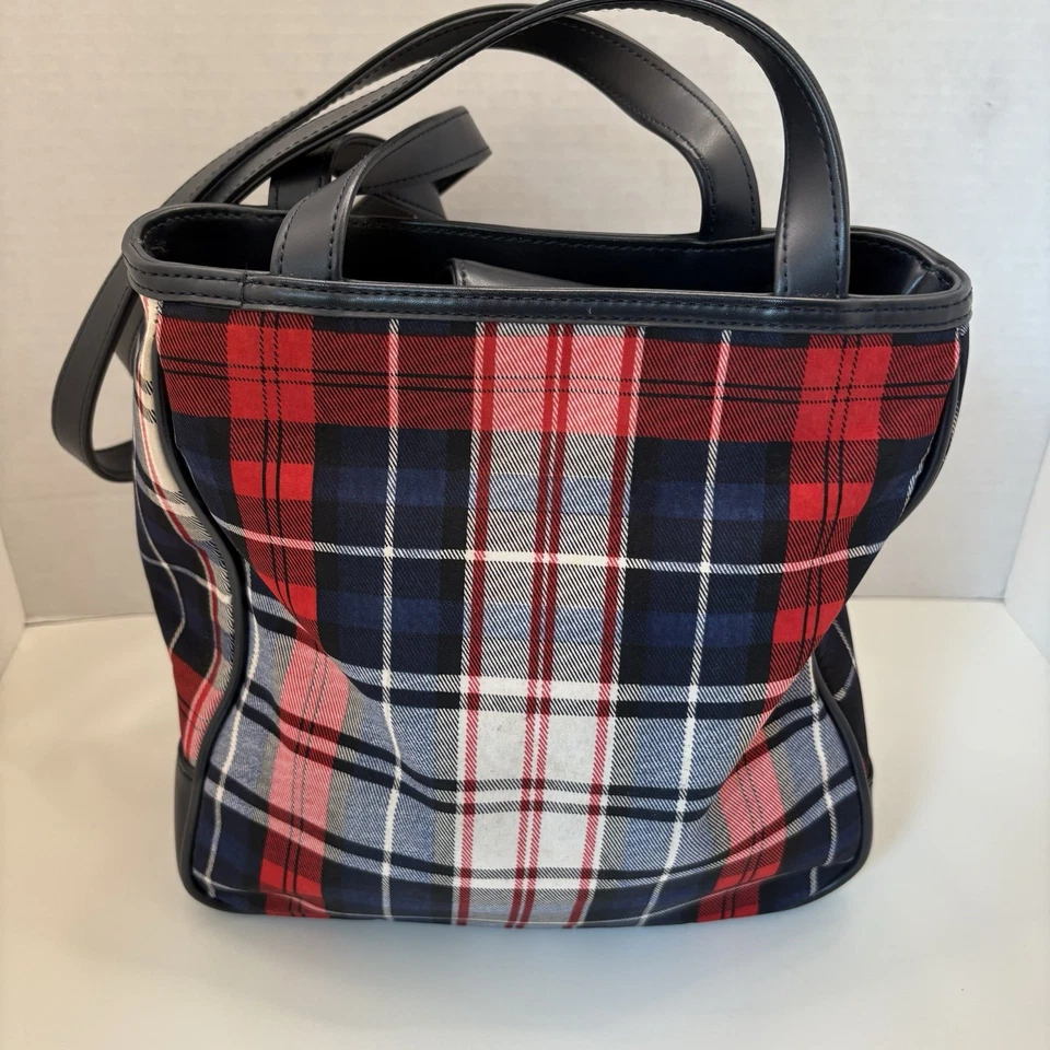 St. John’s Bay Plaid Shoulder Bag Tote w/ Matching Pouch Navy Red White - Image 2 of 4