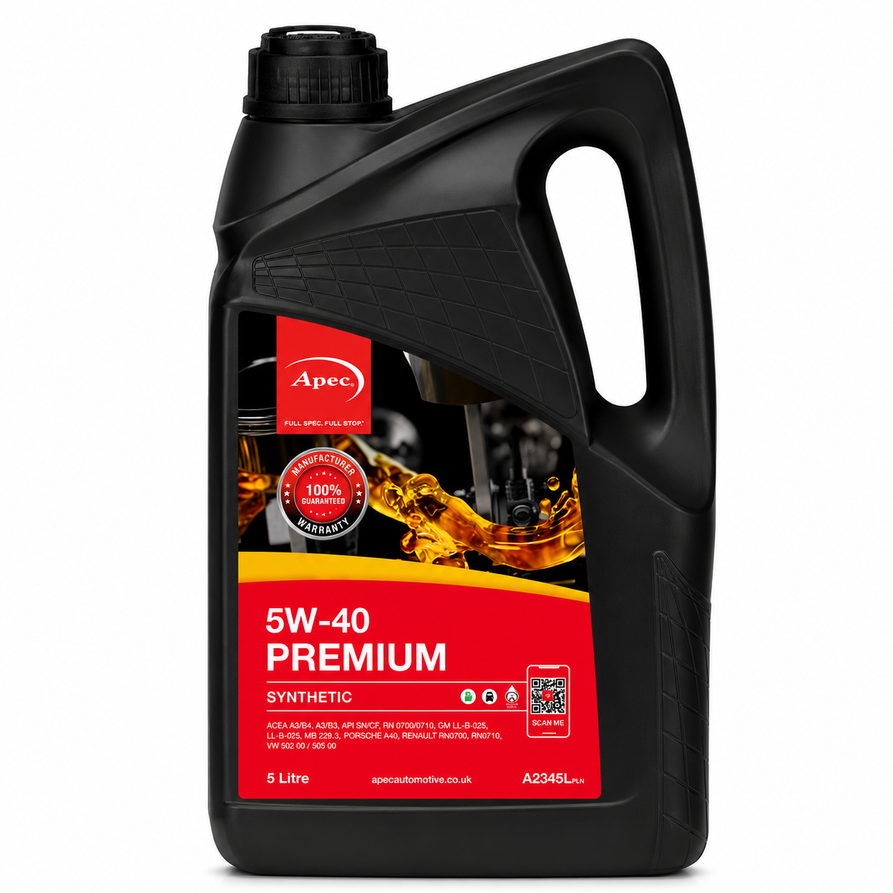 APEC 5W-40 PREMIUM Fully Synthetic Engine Oil 5L | ACEA A3/B3, A3/B4 LL-A-025