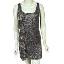 Guess Dress Women Small Taupe Silver Metallic Geo Mod Mesh Ruffle Back Zip Lined