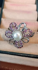 925 Sterling Silver Ring Round Rhodolite Garnet Pearl Gemstone Jewelry Size 7.5