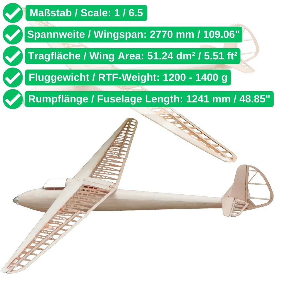 DFS Weihe 50 Modellflugzeug Kit Lasercut RC Holzbausatz Segelflugzeug Baukasten - Bild 2 von 4