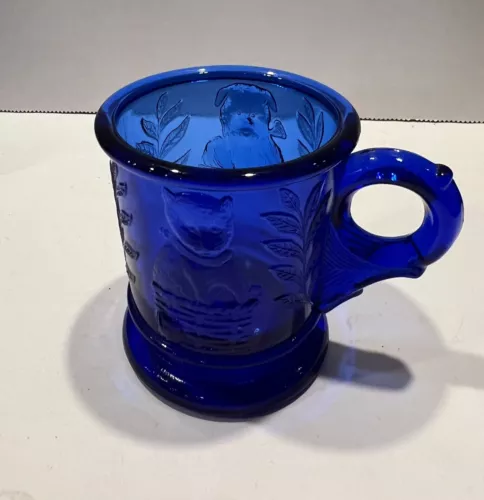 vintage mosser Cobalt Blue glass Mug With Embossed Kitten In A Basket. 2.75” Ta