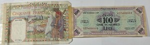 WW11  2 pc. Short snorter (#538) Italy 1943A 100 Lire & Algiers 50 Francs 1941.