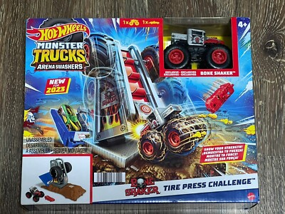 Hot Wheels Monster Trucks Arena Smashers BONE SHAKER Tire Press Challenge 