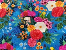 Dear Stella Miriam Bos Bellezza DMB2864 Mexican Frida  floral parrot blue BTY