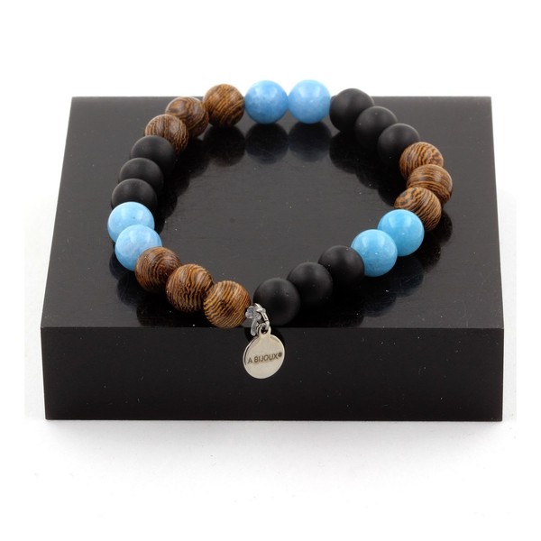 Steine Und MinéRaux. Armband Perlen Chalcedon Blau + Schwarz Onyx Matt + Holz 8-image