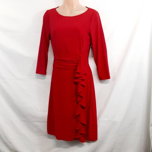 JH Fit & Flare Womens Dress Size 6 Red Ruffled Round Neck 3/4 Sleeve Zip Back - Picture 3 of 13
