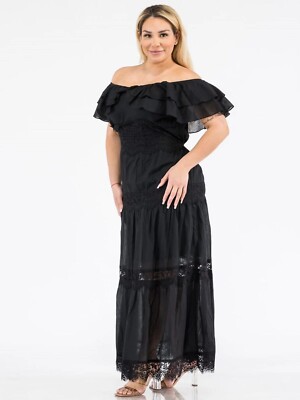 Womens Plus Size Black Cold Shoulder Maxi Dress 2XL Ruffled Lace | eBay