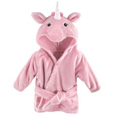 Hudson Baby Infant Girl Plush Animal Face Bathrobe, Pink Unicorn, 0-9 Months