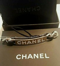 NWT Crystal Letter CHANEL Hair Clip Barrette Black Leather Gold Chain ID Plate