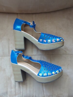 NEW Tinstree Chunky Block Heel Shoes Ankle Strap Rounded Closed Toe Blue  Size