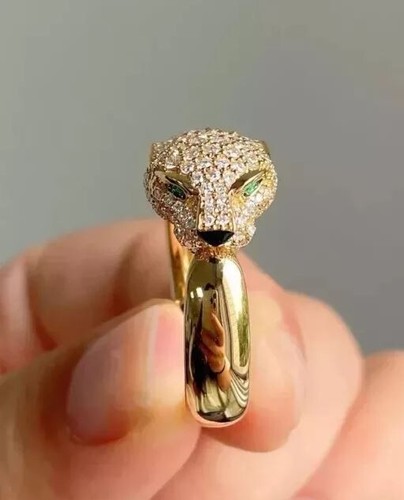 2Ct Lab Created Diamond & Emerald Panther Animal Ring 14K Yellow Gold Plated - Picture 3 of 5