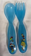 Vintage Sesame Street Big Bird  Cookie Monster Plastic Fork  Spoon Set RARE