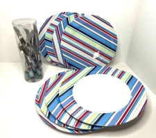 Melamine Dinnerware Set & utensils, 4 dinner and 4 dessert plates, Blue stripes