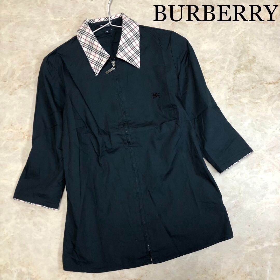 Burberry Nova Check Navy 3/4 Sleeve Shirt Jacket Full zip Women Size M Used