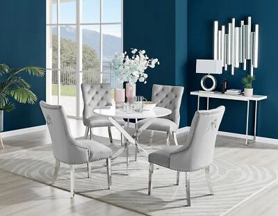 Novara White High Gloss Round Dining Table 100cm and 4 Belgravia Chairs Set