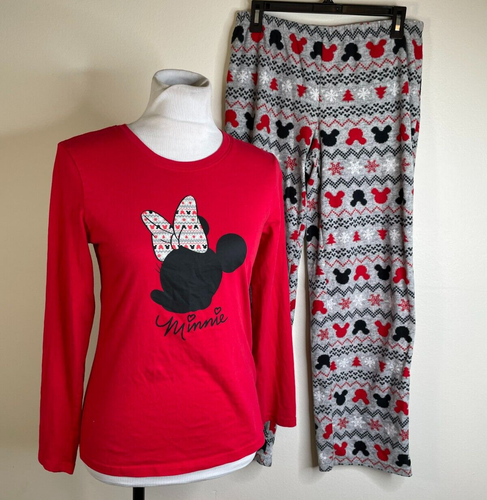 Disney Womens Minnie Mouse 2 Pc PAJAMAS Size Small Fleece Pants RED Gray