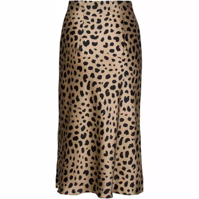 Women Leopard Skirt High Waist Midi A-Line Cheetah Satin Silk Elastic Skirts S-L
