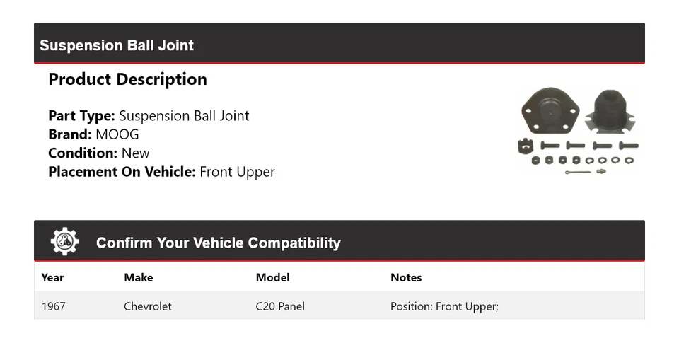 Para Chevrolet C20 1967 Panel Suspensión Rótula Parte Superior Delantera MOOG Foto 2 de 4