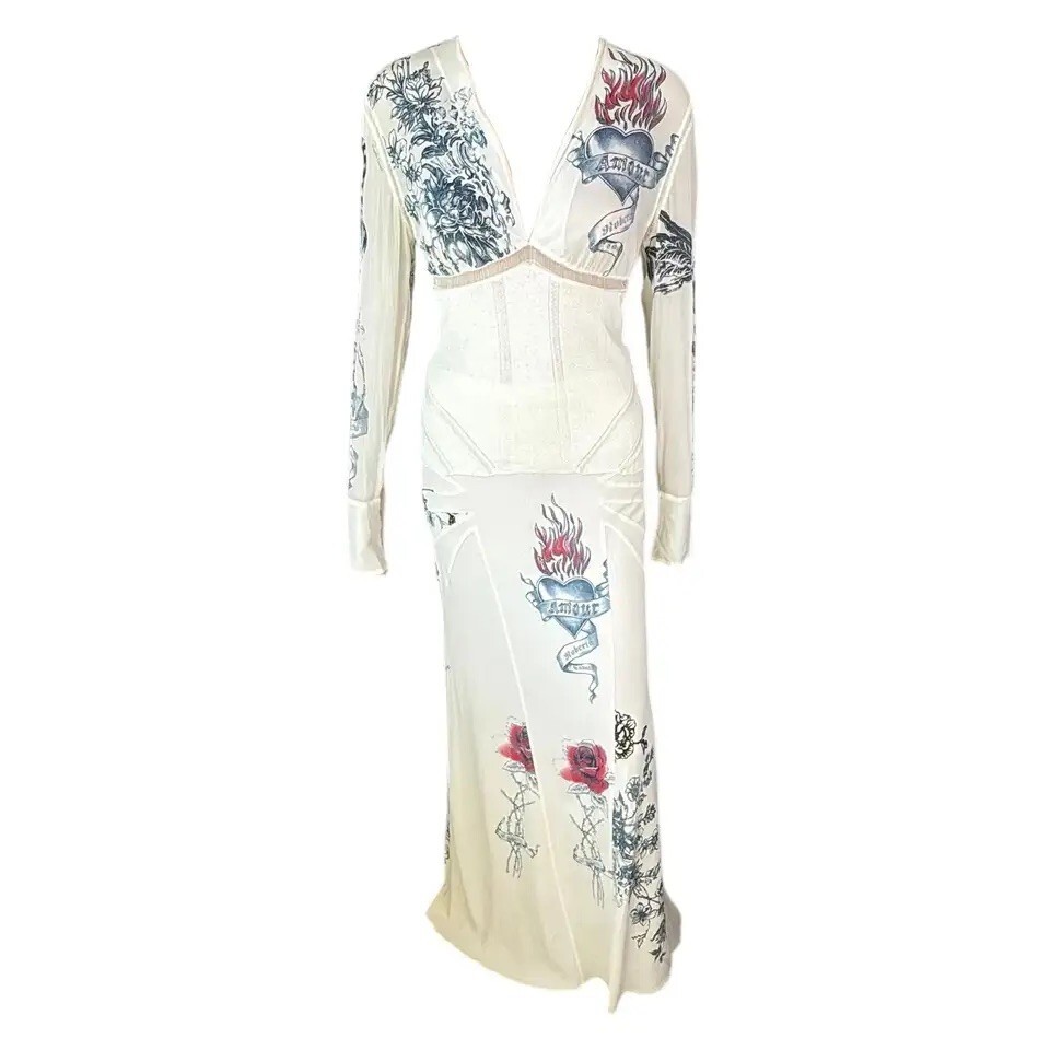 ワンピース Roberto White Roberto Cavalli S/S 2003 Tattoo Print Sheer Panels Top
