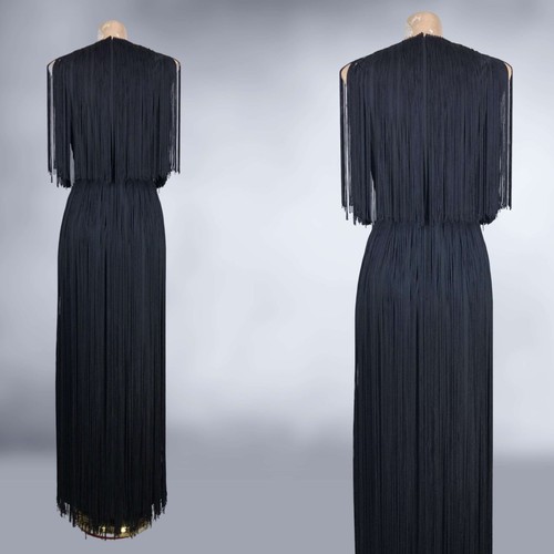 VINTAGE 60s Full Length Black Fringe Evening Dress by Lilli Diamond VFG - Picture 6 of 8