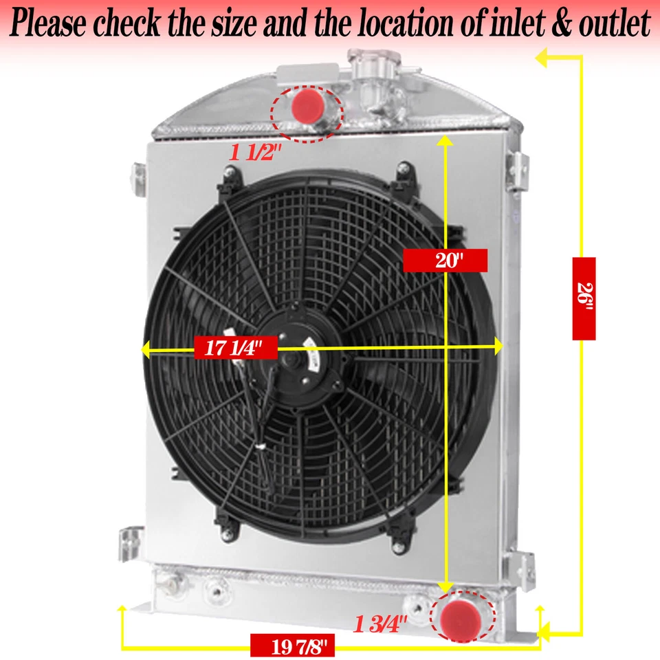 3-Row Aluminum Radiator Shroud Fan fit 1932 ford Model B Base Chevy Engine 3.3L Foto 3 de 4