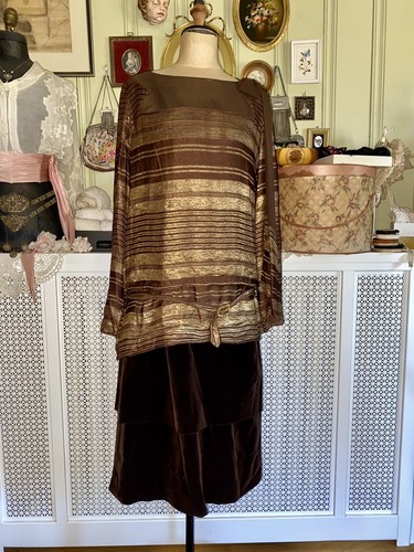 Antique 1920s Metal Lamé Dress, Brown Velvet, AS-IS
