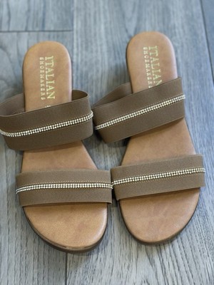 Italian Shoemakers Rhinestone Two-Strap Mule Sandal Size 10 Brown Stylish