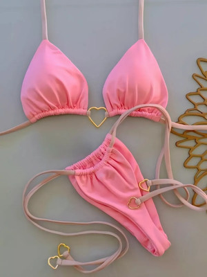 Bikini Frau Zwei Teile Mini Micro String Sgambato Rosa Schnürsenkel D1D55