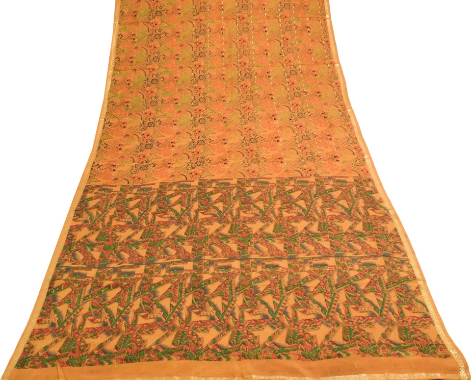 Sari de mostaza Sushila vintage 100 % pura seda crepé estampado tela suave india Foto 2 de 4