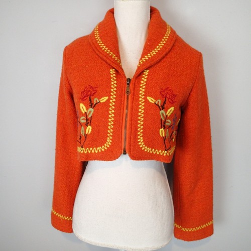 Wet Seal Y2K Faux Fur Bolero cropped Jacket Sz M orange embroidered floral coat - Picture 6 of 16