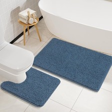2 PCS Bathroom Rug Set Denim Blue 20x20 34x21 Inch Non Slip UShaped Chenille
