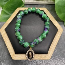 6.5  Plus Stretch Bracelet Stone/Glass Bead Lady Guadeloupe Virgin Mary New B86