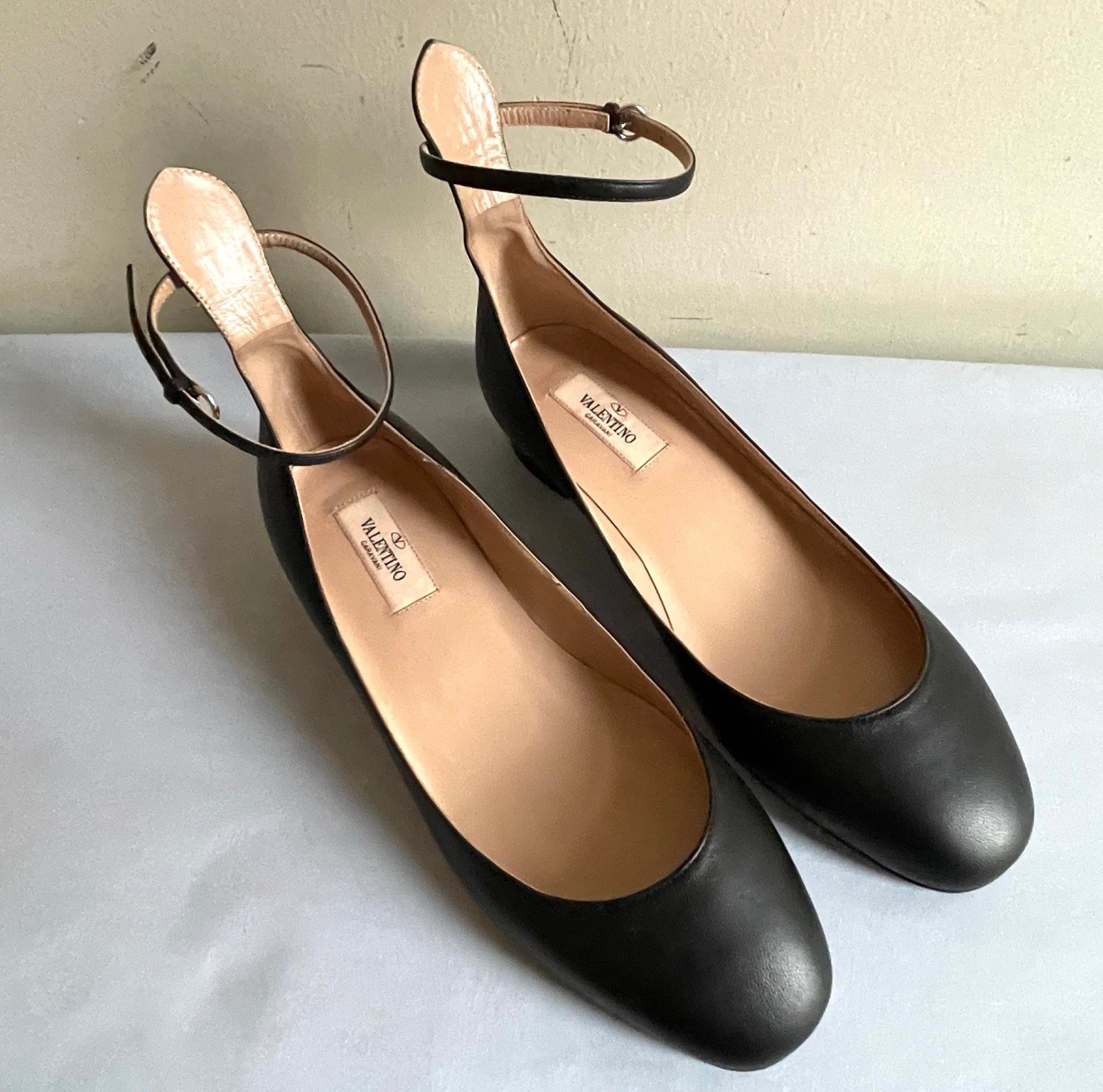 Valentino Garavani Black Leather Low Heel Ankle Strap Women ShoesSize 38 US 8