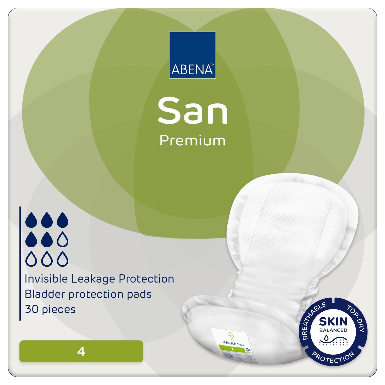 ABENA San Premium Mens & Womens Incontinence Pads, 4 (30 count), White
