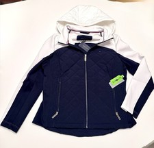 Tommy Hilfiger Women  s Colorblocked Quilted Scuba-Trim Jacket, Navy  White